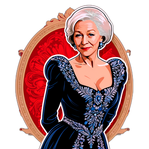 Ein künstlerisches Porträt von Helen Mirren in einem glamourösen Kleid auf dem roten Teppich