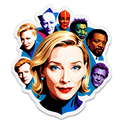 En konstnärlig avbildning av Cate Blanchett med teatermasker