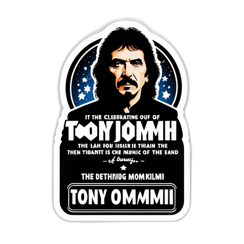 Fundo de palco com luzes brilhantes e palavras inspiradoras, celebrando a música de Tony Iommi