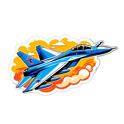 Wesoły sticker z myśliwcem MiG-29 z kreskówkowymi postaciami w środku