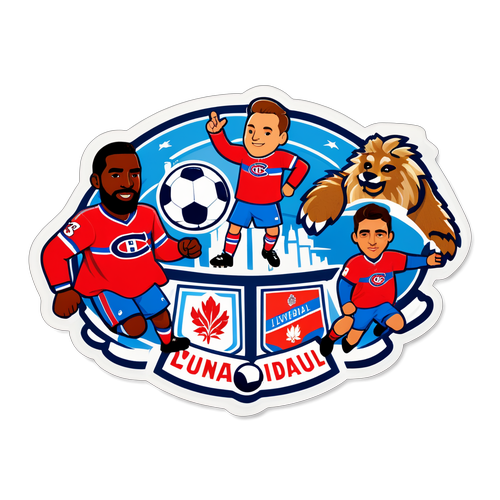 Illustration d'un autocollant avec les mascottes des équipes de football, y compris le Canadien de Montréal et Liverpool