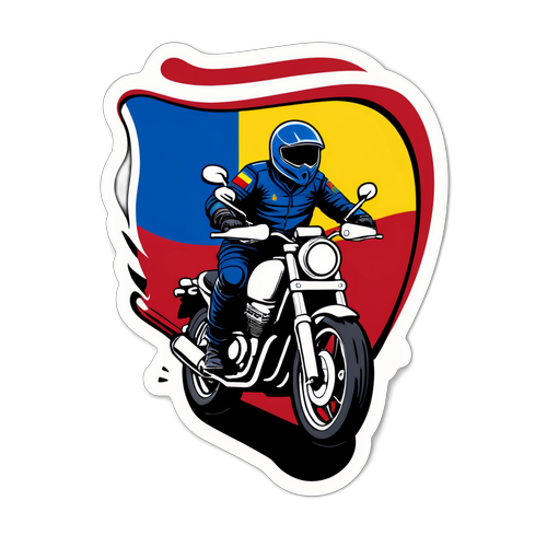 Autocolant cu motociclist și mesajul "Liberate și Dimensiune Națională!"