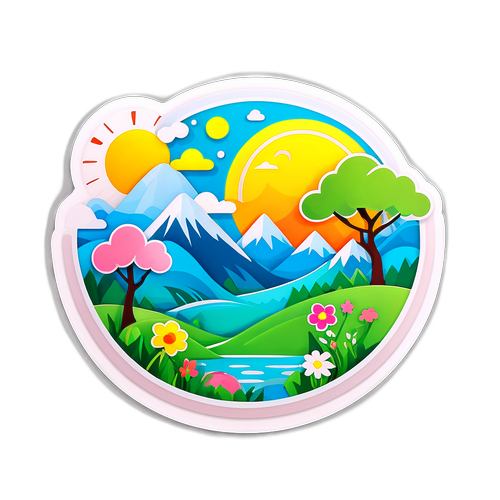 Verspielter Aufkleber mit einer Frühlingslandschaft