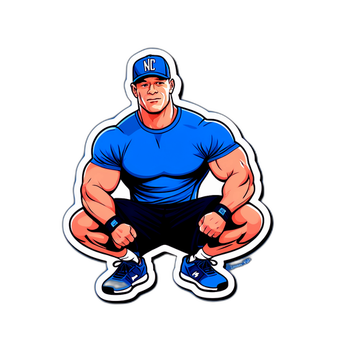 John Cena na modrém pozadí s frází 'Nikdy se nevzdávej'