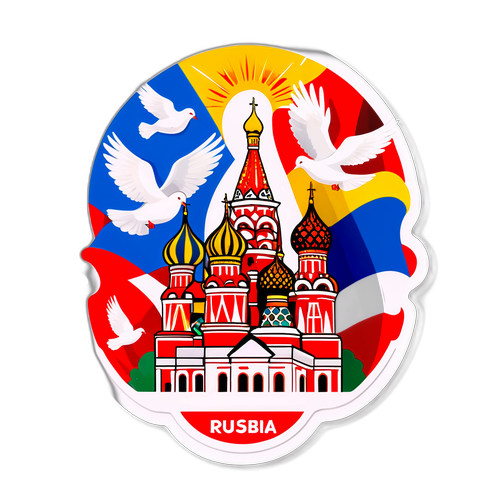 Стикер ко Дню России: триколор, символическая архитектура и белые голуби в небе