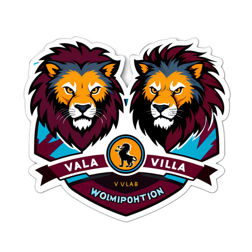 Design a dramatic sticker reflecting the rivalry of Wolverhampton–Aston Villa, with fierce wolf and lion mascots clashing.