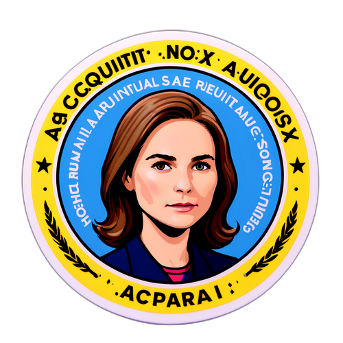 Aanplaklabel van Amanda Knox met een symbolisch beeld van vrijheid en gerechtigheid