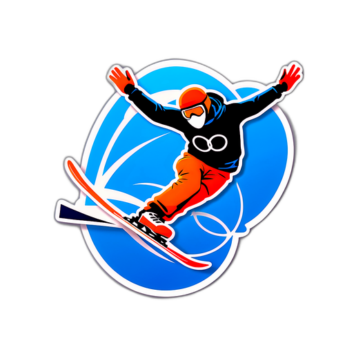 Minimalistische sticker van een freestyle skier met Olympische ringen