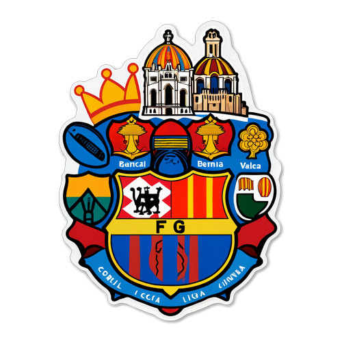 Stiker Klasik: Logo Barcelona dikelilingi Landmark Terkenal Valencia dalam Rivalitas Liga Spanyol!