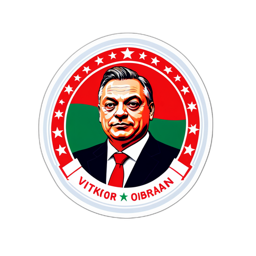 Kreatív matrica politikai szimbólumokkal Orbán Viktorról