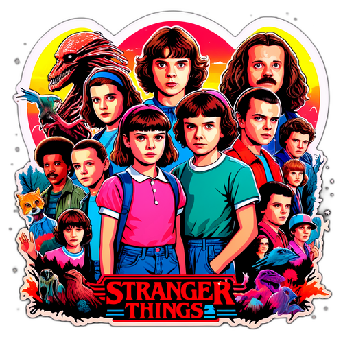 Aufkleber mit Charakteren aus Staffel 5 von Stranger Things im nostalgischen 80er-Stil