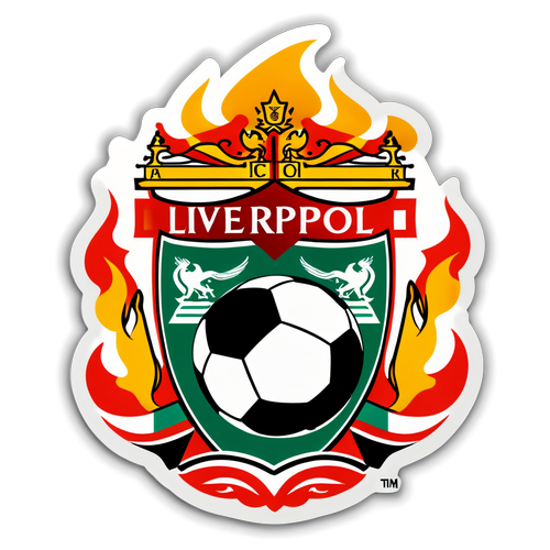 Autocollant mettant en valeur le logo de Liverpool avec un ballon de football en arrière-plan, entouré de flammes