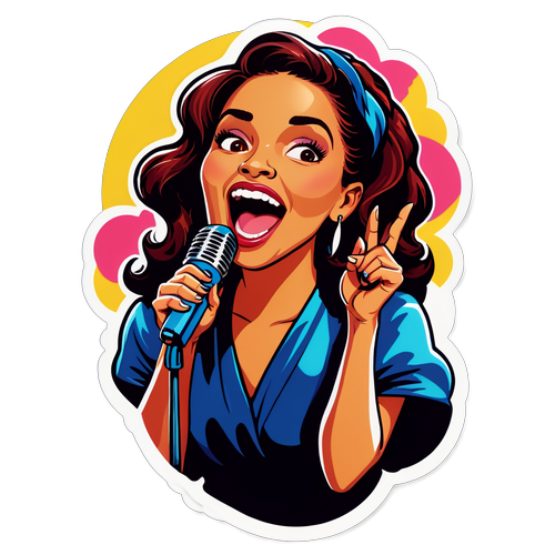 Sticker de Lola Latorre cantando con un micrófono y luces brillantes