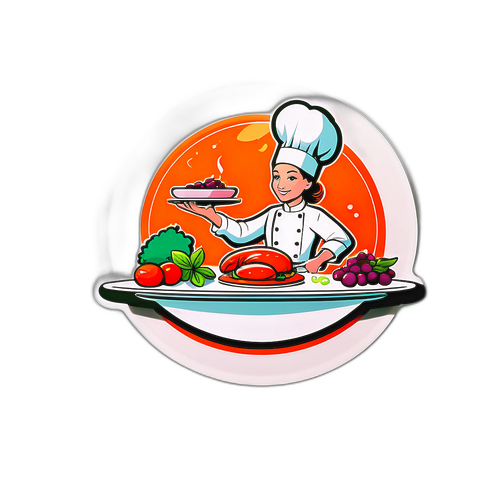 Stijlvolle sticker van chef Stéphanie Le Quellec met een bord gourmetgerechten