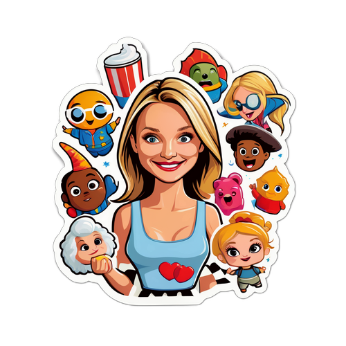 Adesivo giocoso che celebra i ruoli iconici di Cameron Diaz