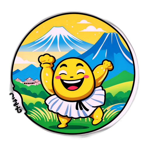 茨城県の風景を背景に元気に踊る栄養豊富な納豆のデザイン