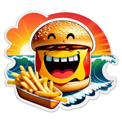 漢堡笑臉滑浪與薯條的夕陽海景貼紙