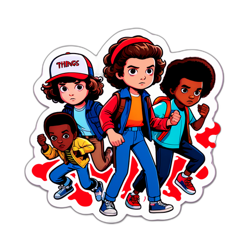 Samolepka v komiksovém stylu s postavami ze Stranger Things