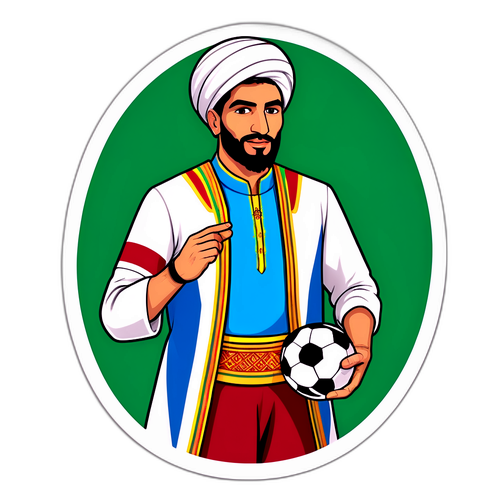 Jahanbakhsh w tradycyjnym stroju z piłką nożną