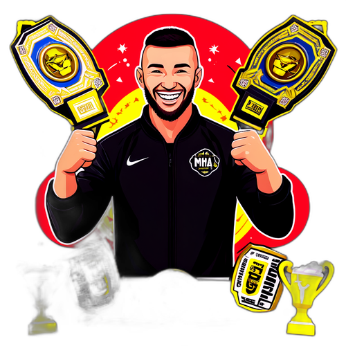 Khamzat Chimaev souriant, entouré de trophées MMA