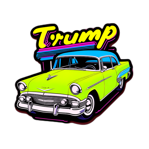 Retro sticker van een vintage auto eigenaar met 'Trump' in neonletters