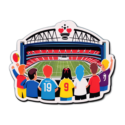 Sticker ya Wembley Stadium yenye wahusika wakichora wakifurahia mchezo