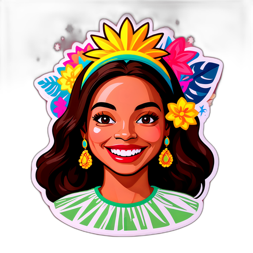 Sticker cu fața Irinel Columbeanu, zâmbind, înconjurată de celebrități și accesorii de modă