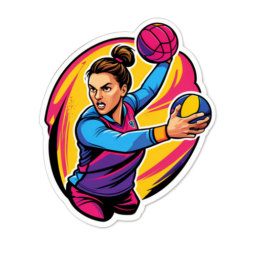 Illustration af Anja Andersen i en intensiv håndboldposition