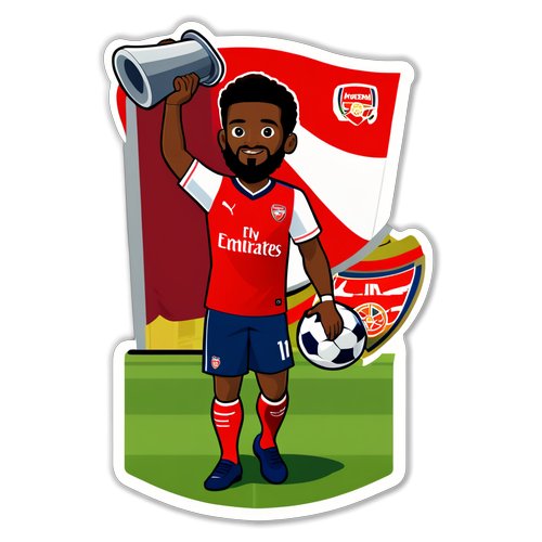 Design de adesivo do Arsenal com jogador segurando uma bandeira