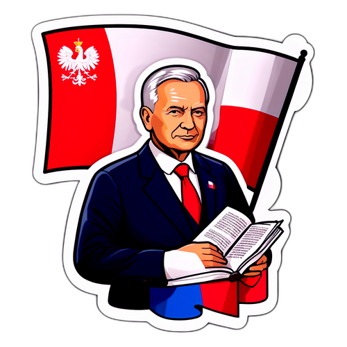 Prezydent Nawrocki z flagą Polski i otwartą książką