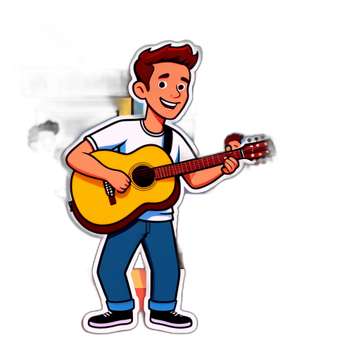 En tegneserie av Tylor Chase som spiller gitar i en livlig kaffebar