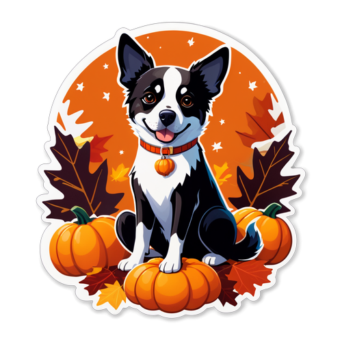 Artistic Sticker of a Peaceful Dog with Autumn Leaves and Pumpkin Pie