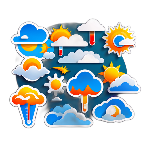 Погода в разных городах: иконки с термометрами и облаками различных форм