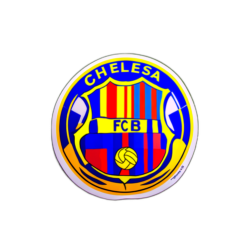 Стикер с флагами 'Челси' и 'Барселоны' с мячом на фоне зеленого поля