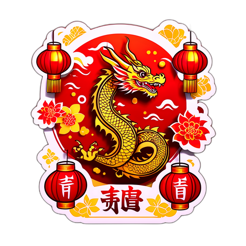สติกเกอร์สุขสันต์วันปีใหม่จีนที่มีมังกรและโคมไฟ