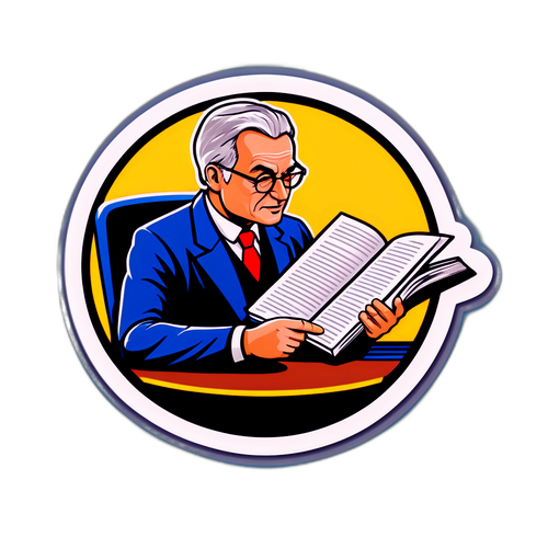 Sticker cu Mugur Isărescu citind o carte despre economie