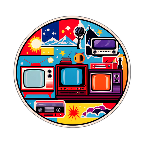Nálepka zobrazující televizní pořady z různých období