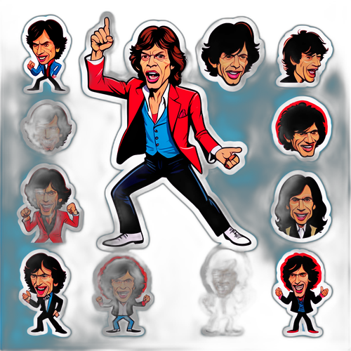 Stylizowane karykatury Micka Jaggera w ikonicznych pozach