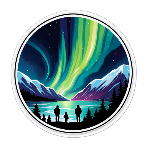 Ilustrație a aurorii boreale în cerul României, cu turiști admirând priveliștea