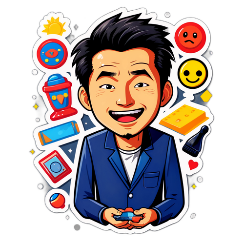 Смішний портрет Томіо Окамури з елементами його улюблених хобі