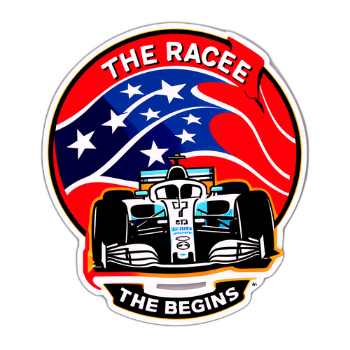 Finish line F1 s vlajkou a stylizovaným textem 'Závod začíná!'