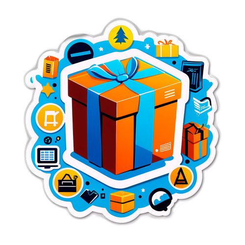 Sticker z logo Amazona otoczone paczkami i symbolami e-commerce