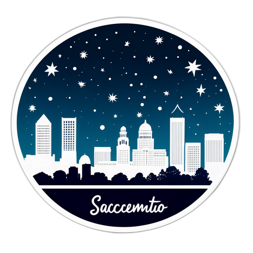 Una rappresentazione minimalista dello skyline di Sacramento di notte con stelle scintillanti