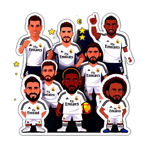 Ilustrace samolepek reprezentujících Real Madrid s legendárními hráči a Santiago Bernabéu