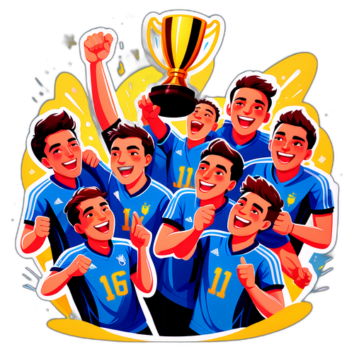 Ілюстрація молодої команди, що святкує перемогу з трофеєм