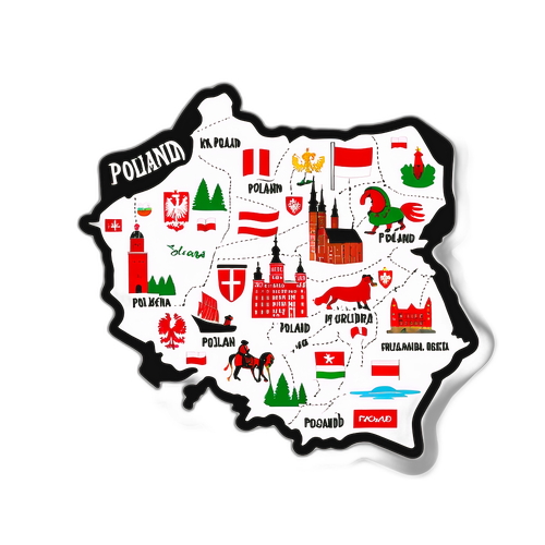 Diseño de un mapa de Polonia con elementos icónicos y frases típicas de la cultura