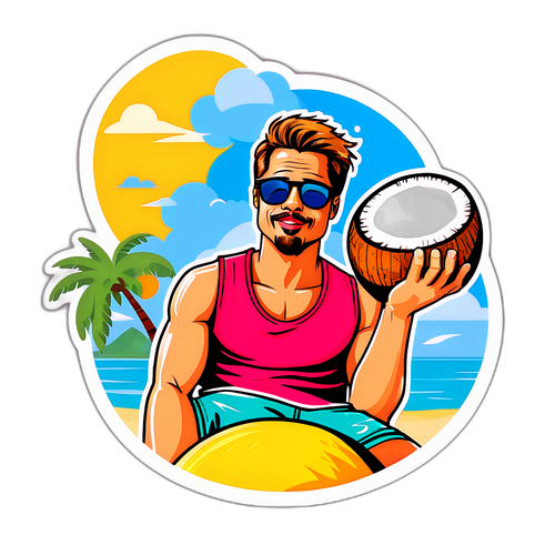 Legrační ilustrace muže na pláži s kokosovým ořechem