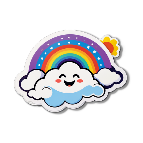 Autocollant avec un arc-en-ciel et un nuage souriant