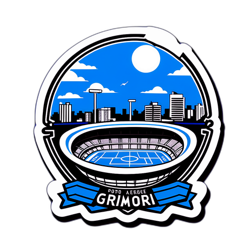 Desenho de uma paisagem urbana de Porto Alegre com o Estádio do Grêmio