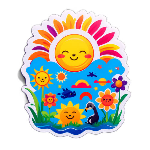 Aurinkoinen tarra, jossa aurinko ja iloiset eläimet